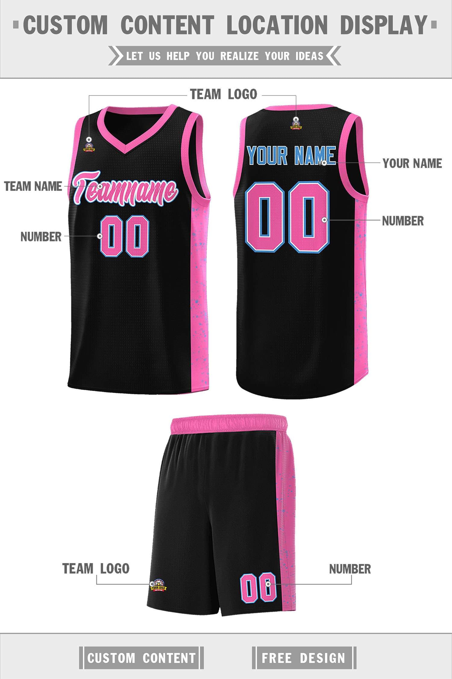 Custom Black Pink-White Side Splash Sports Uniform Basketball Jersey