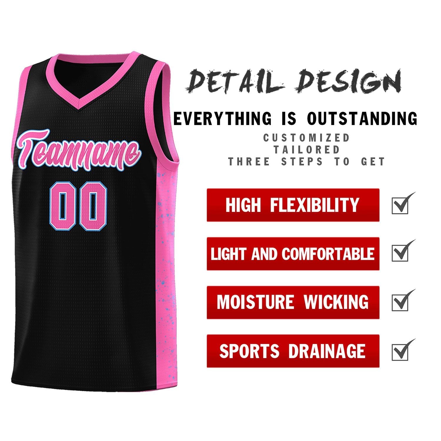 Custom Black Pink-White Side Splash Sports Uniform Basketball Jersey