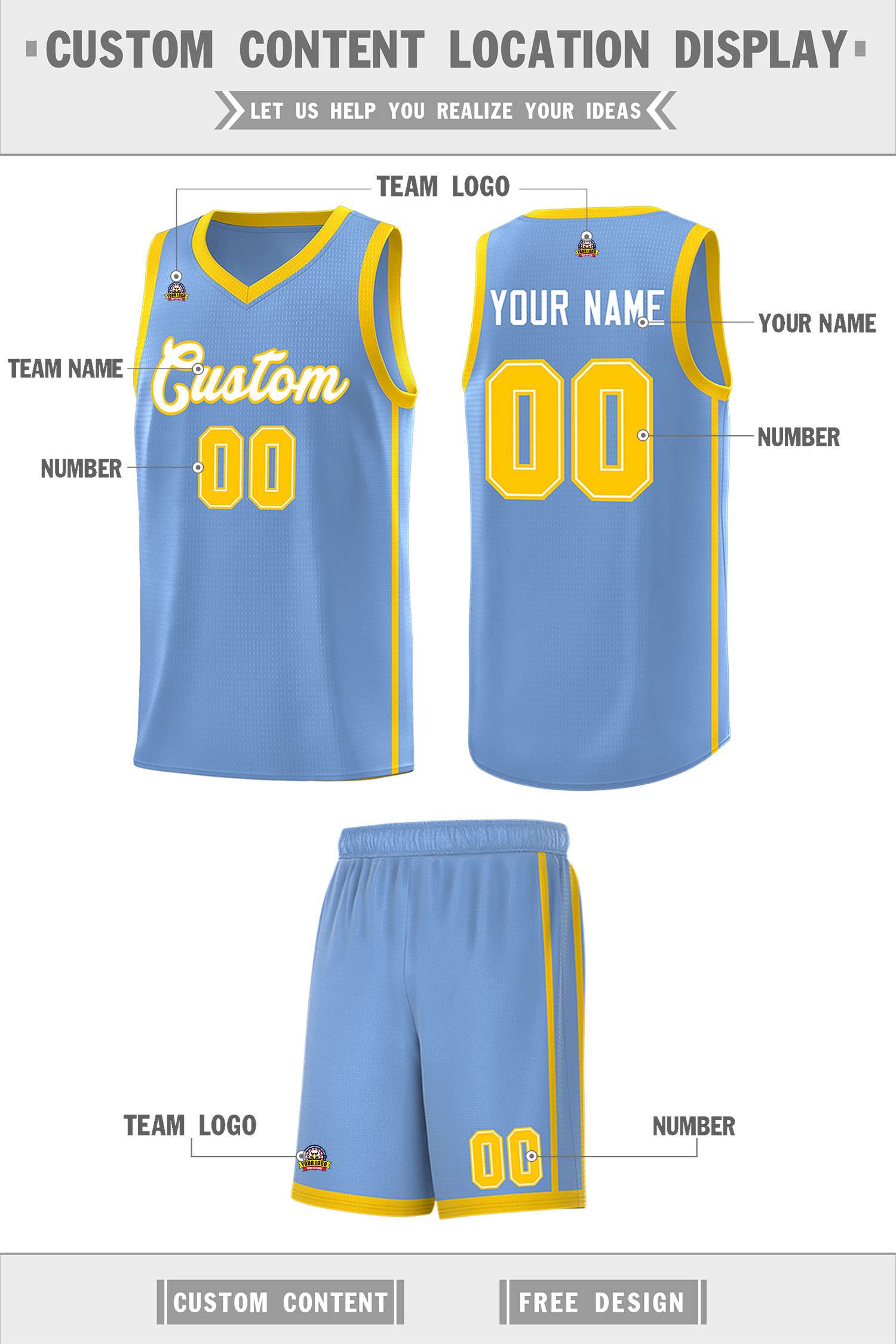 Custom Light Blue White-Gold Side Two Bars Sports Uniform Basketball Jersey