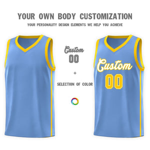 Custom Light Blue White-Gold Side Two Bars Sports Uniform Basketball Jersey