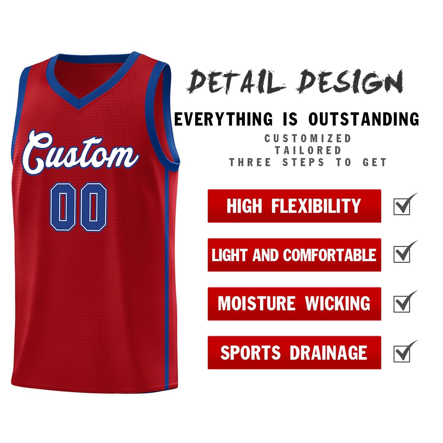 Custom Red White-Royal Side Two Bars Sports Uniform Basketball Jersey