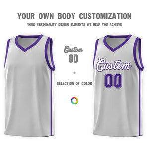 Custom Gray White-Purple Side Two Bars Sports Uniform Basketball Jersey