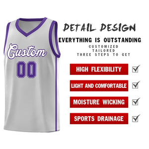 Custom Gray White-Purple Side Two Bars Sports Uniform Basketball Jersey