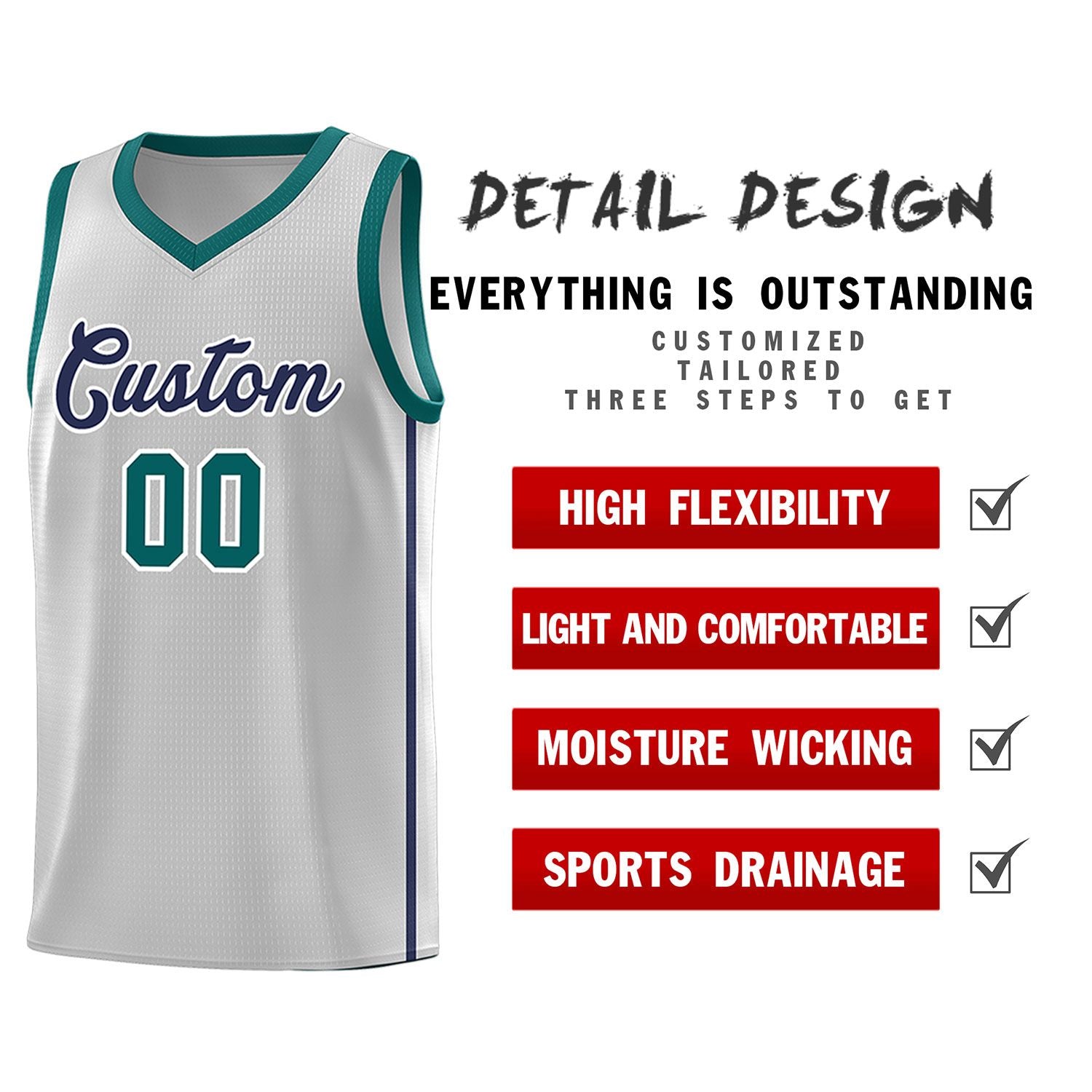 Custom Gray Navy-White Side Two Bars Sports Uniform Basketball Jersey