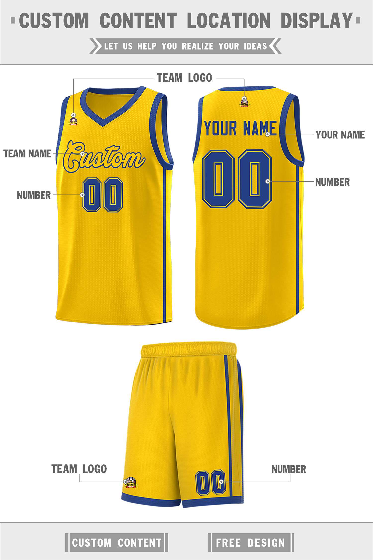 Custom Gold Royal Side Two Bars Sports Uniform Basketball Jersey