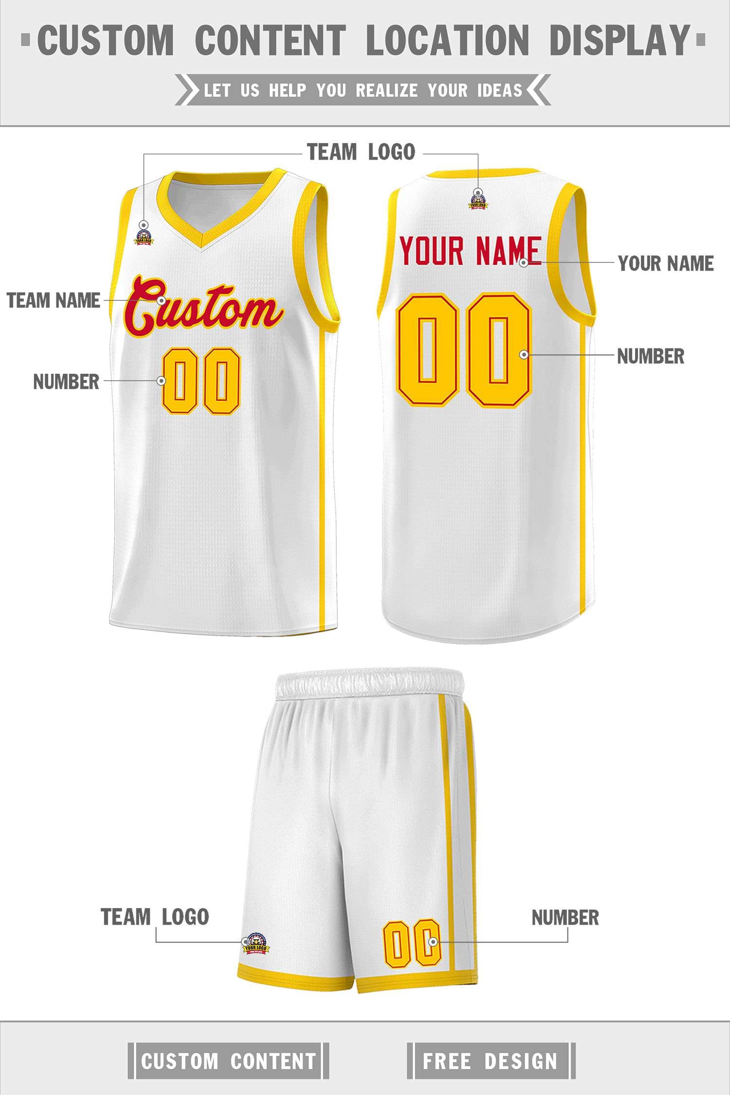 Custom White Red-Gold Side Two Bars Sports Uniform Basketball Jersey