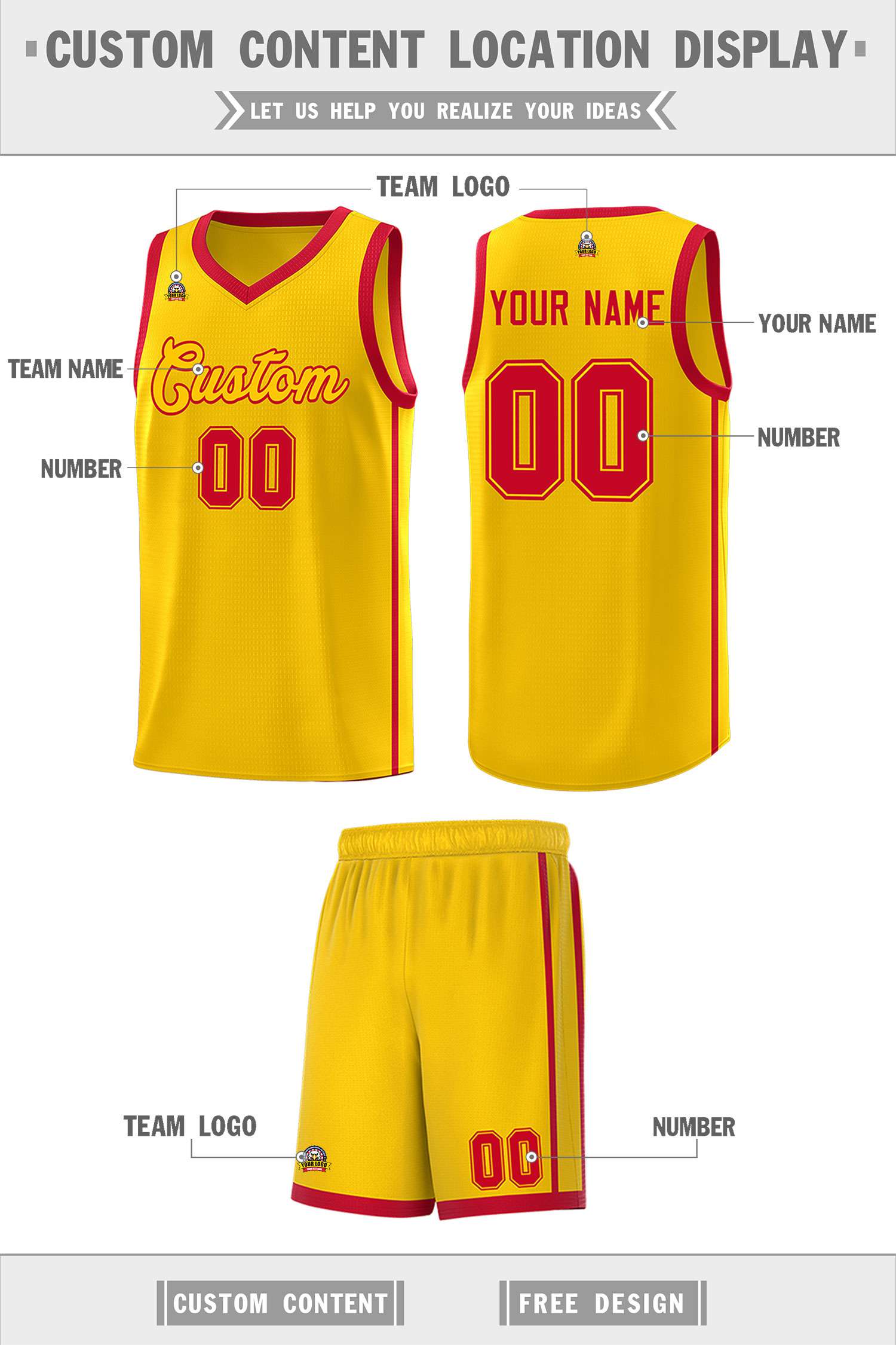 Custom Gold Red Side Two Bars Sports Uniform Basketball Jersey