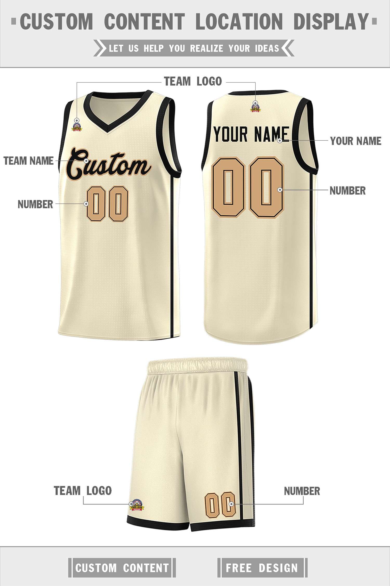 Custom Cream Black-Old Gold Side Two Bars Sports Uniform Basketball Jersey