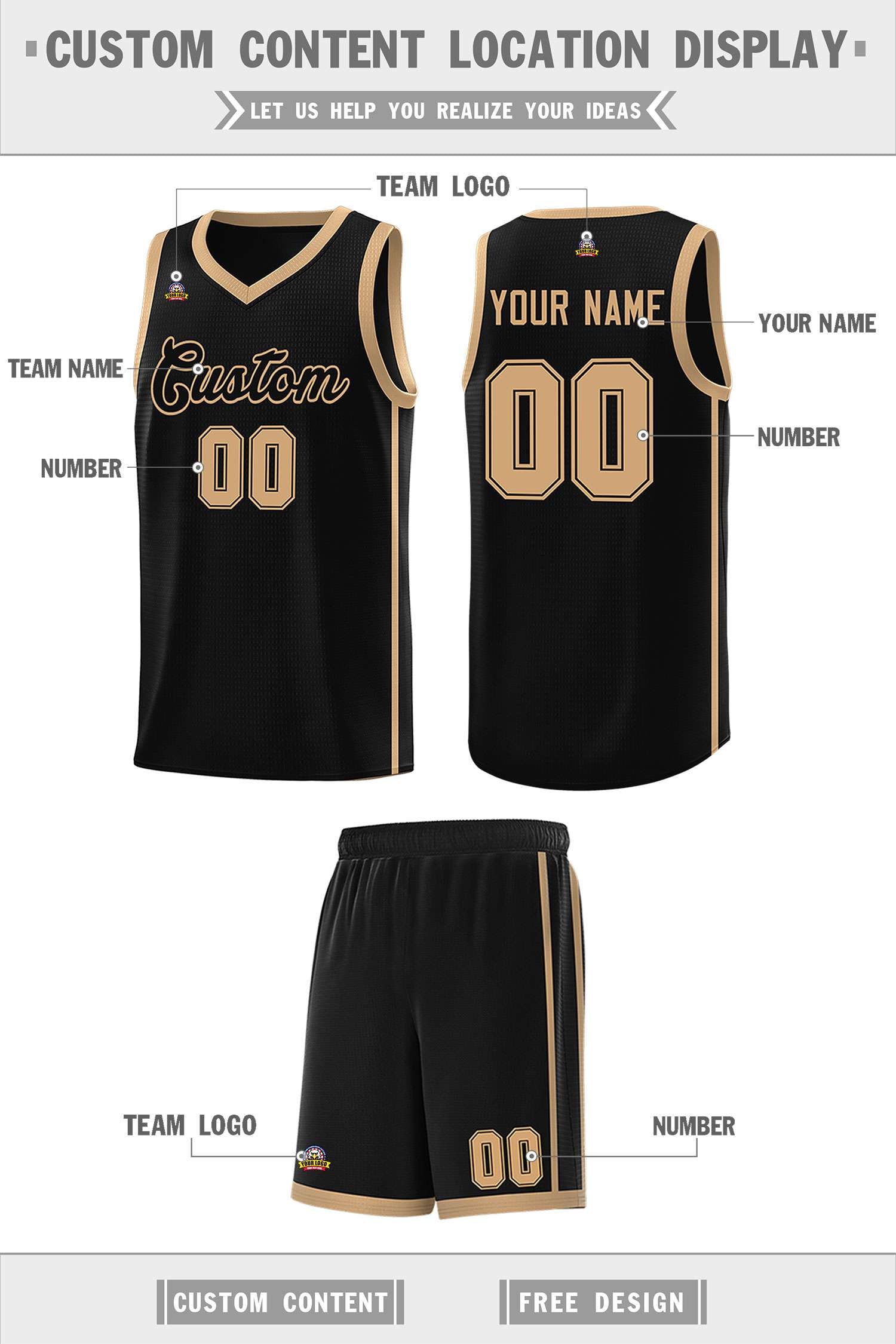 Custom Black Old Gold Side Two Bars Sports Uniform Basketball Jersey