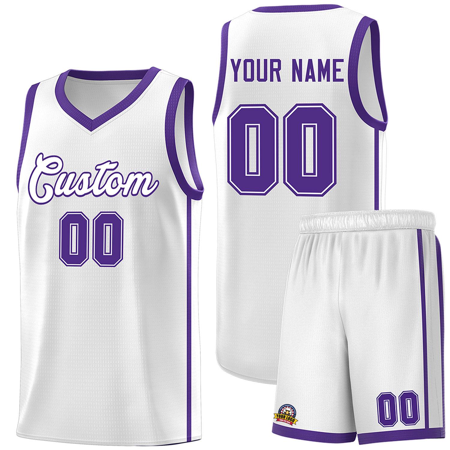 Custom White Purple Side Two Bars Sports Uniform Basketball Jersey