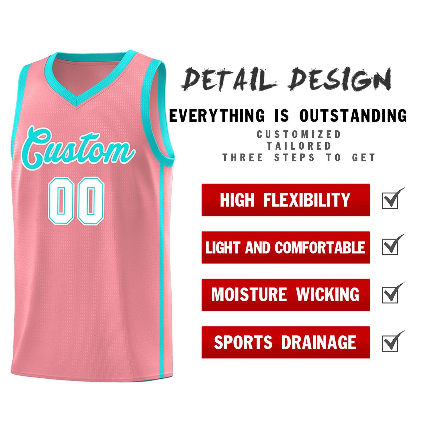 Custom Light Pink Aqua-White Side Two Bars Sports Uniform Basketball Jersey