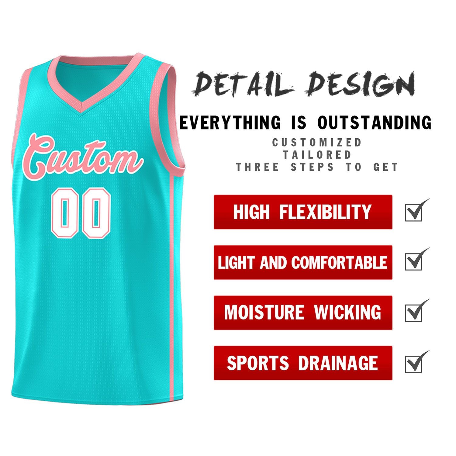Custom Aqua Light Pink-White Side Two Bars Sports Uniform Basketball Jersey