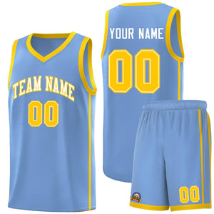 Custom Light Blue White-Gold Side Two Bars Sports Uniform Basketball Jersey