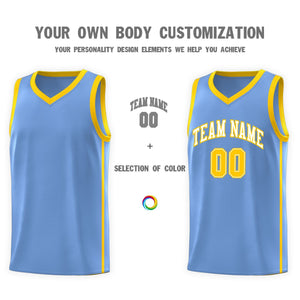 Custom Light Blue White-Gold Side Two Bars Sports Uniform Basketball Jersey