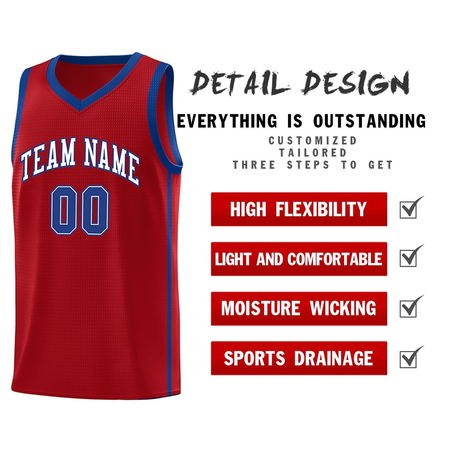 Custom Red White-Royal Side Two Bars Sports Uniform Basketball Jersey