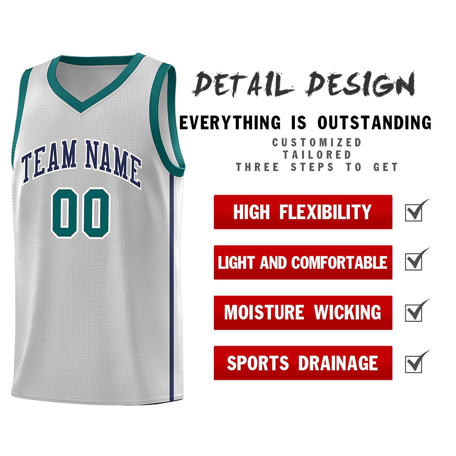 Custom Gray Navy-White Side Two Bars Sports Uniform Basketball Jersey