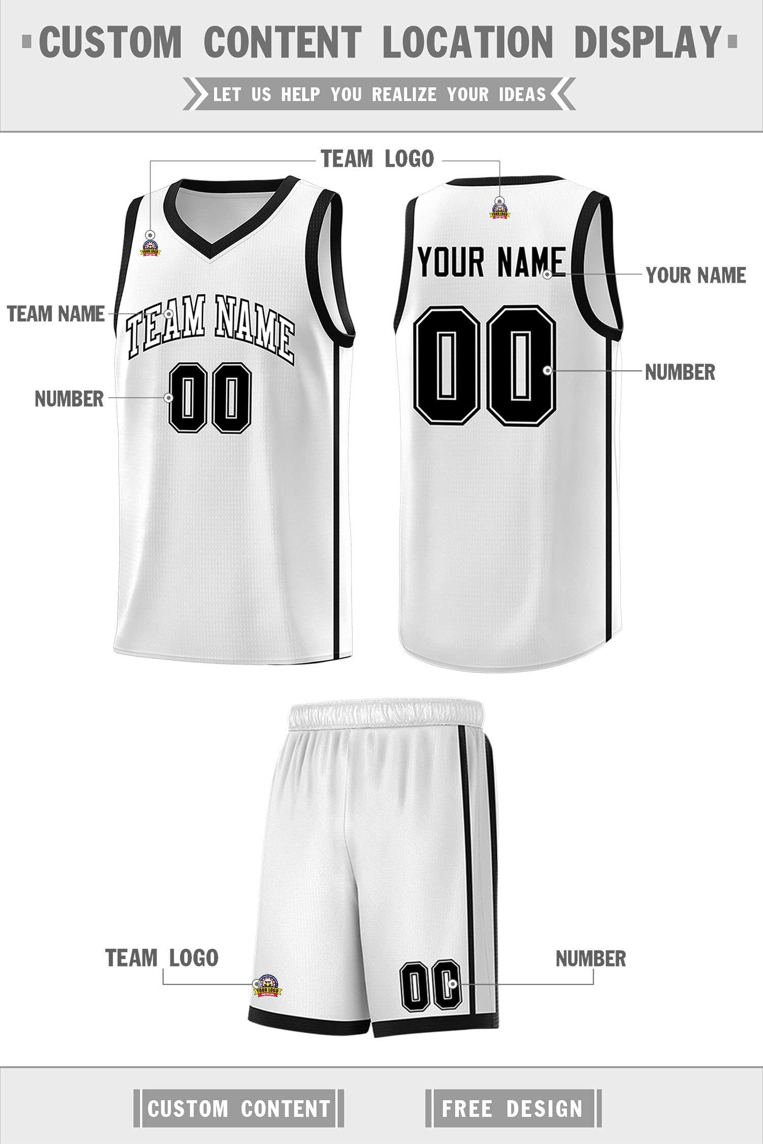 Custom White Black Side Two Bars Sports Uniform Basketball Jersey