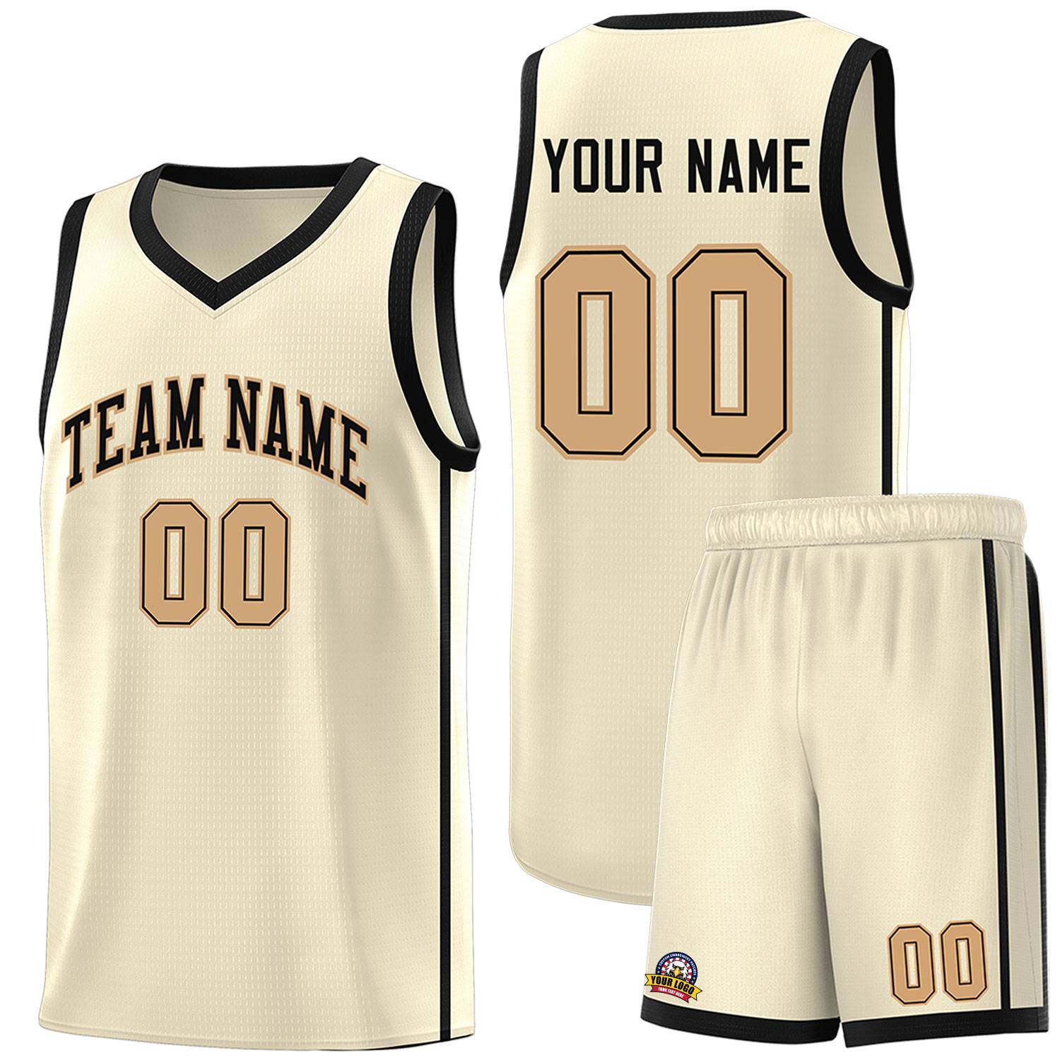 Custom Cream Black-Old Gold Side Two Bars Sports Uniform Basketball Jersey