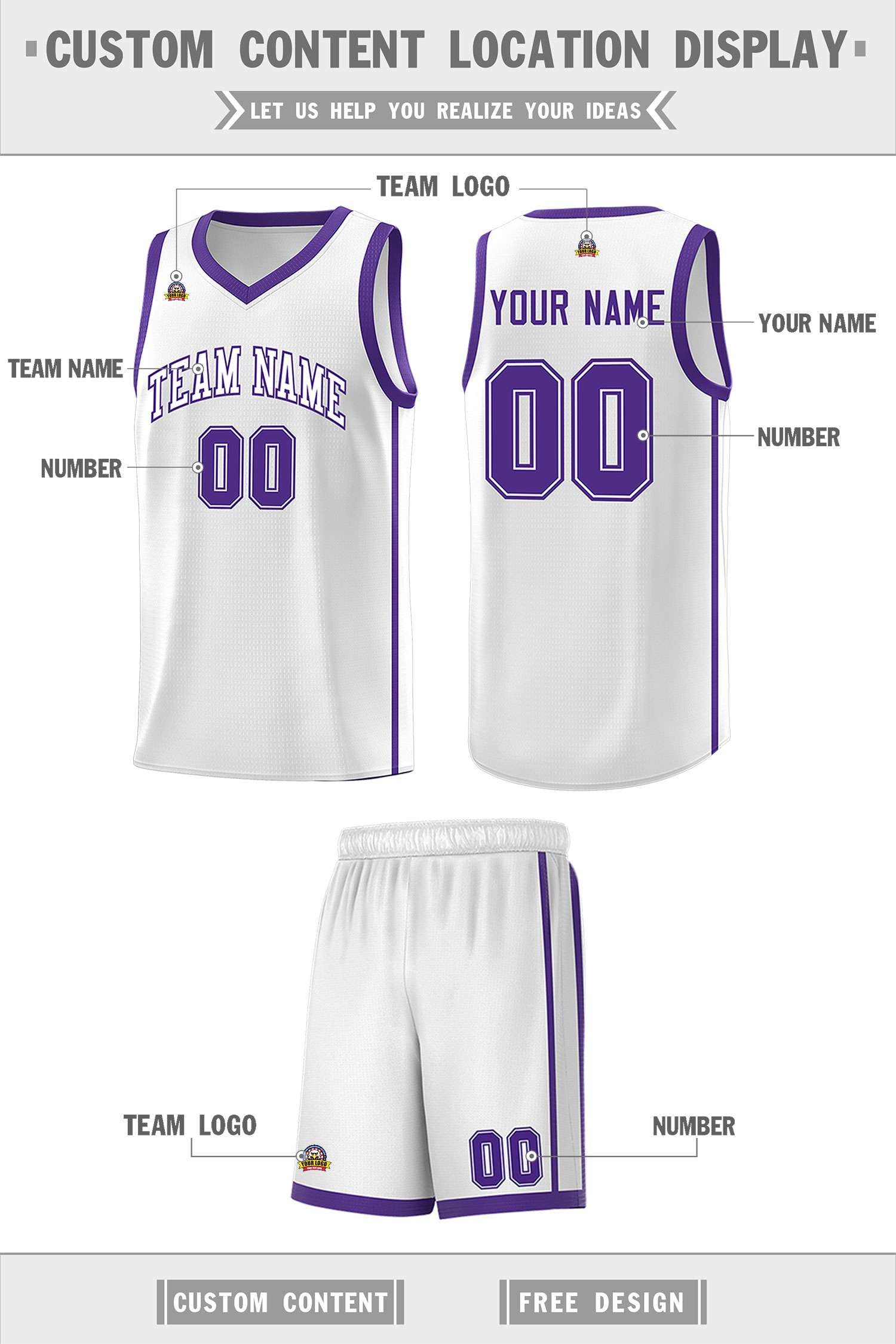 Custom White Purple Side Two Bars Sports Uniform Basketball Jersey