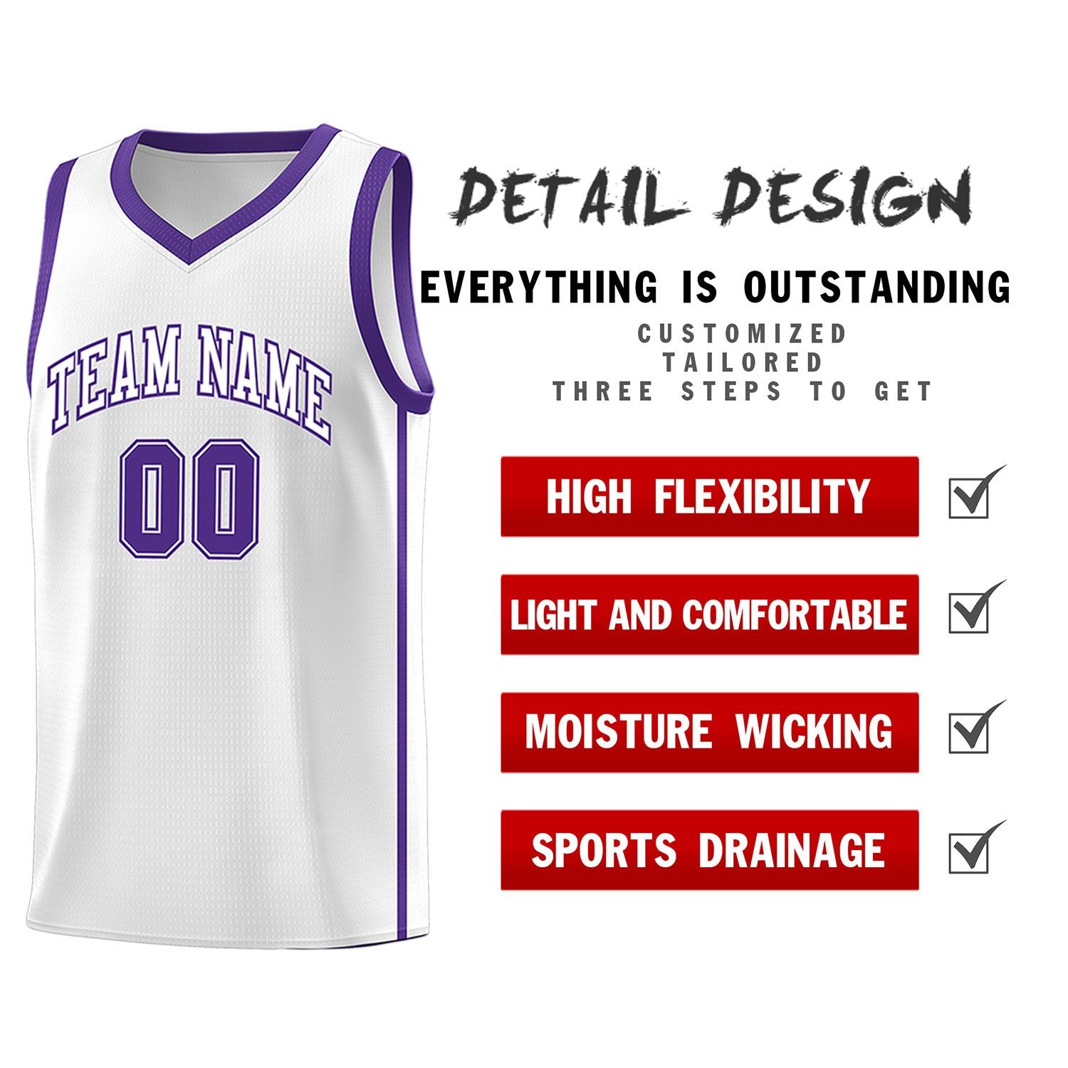 Custom White Purple Side Two Bars Sports Uniform Basketball Jersey