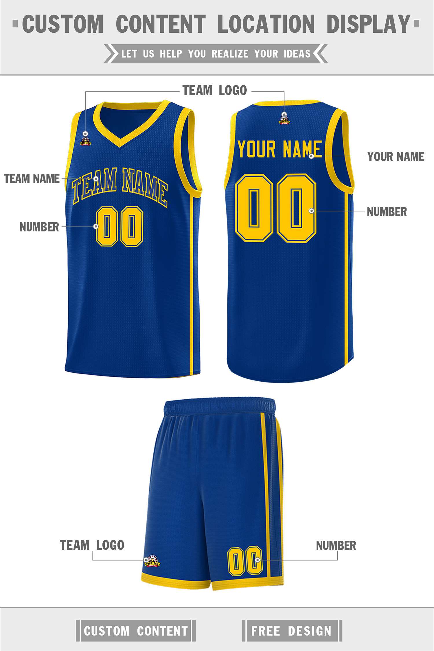 Custom Royal Gold Side Two Bars Sports Uniform Basketball Jersey