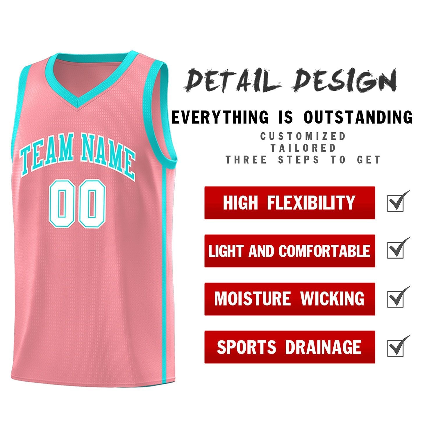 Custom Light Pink Aqua-White Side Two Bars Sports Uniform Basketball Jersey