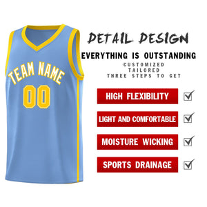 Custom Light Blue White-Gold Side Two Bars Sports Uniform Basketball Jersey