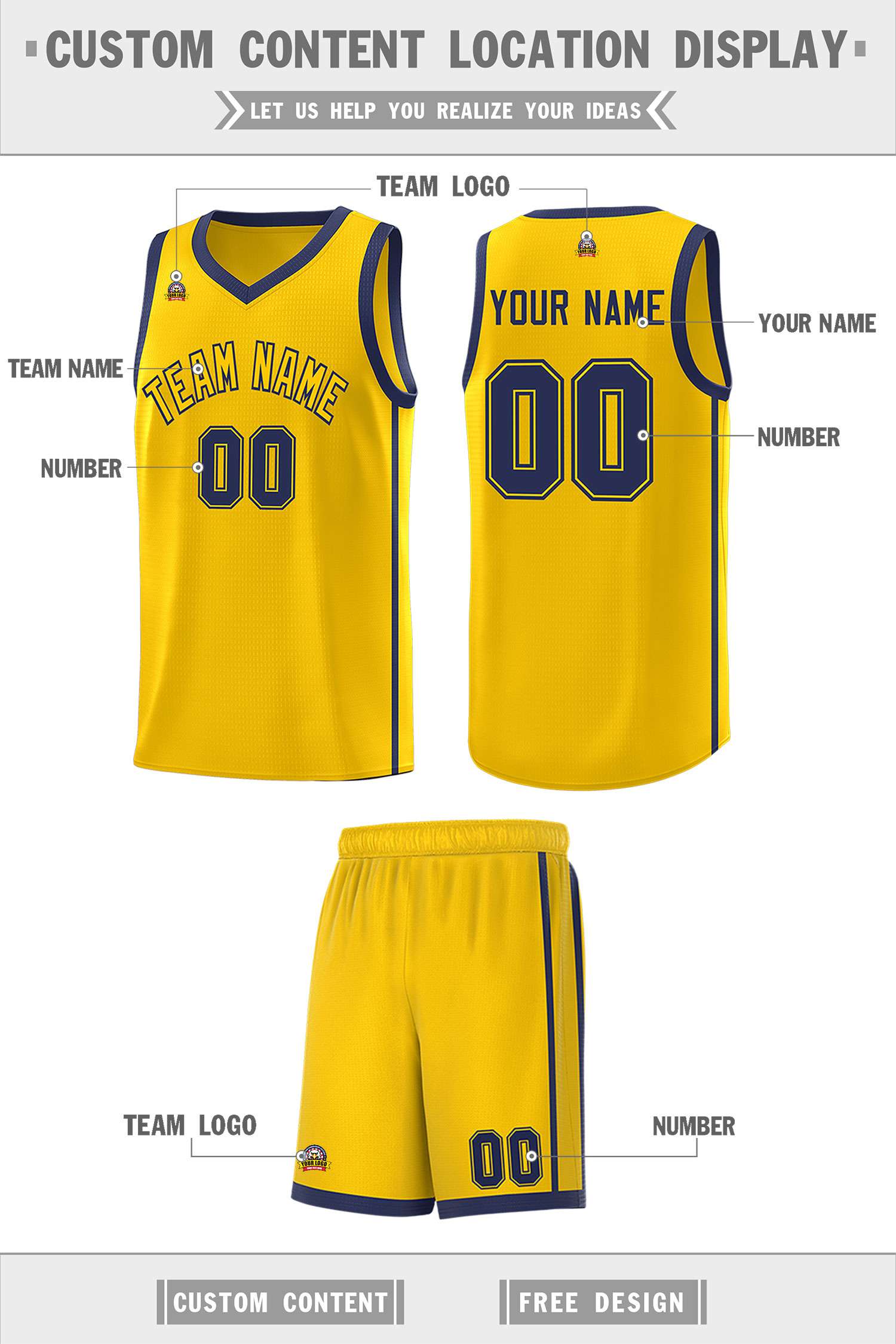 Custom Gold Navy Side Two Bars Sports Uniform Basketball Jersey