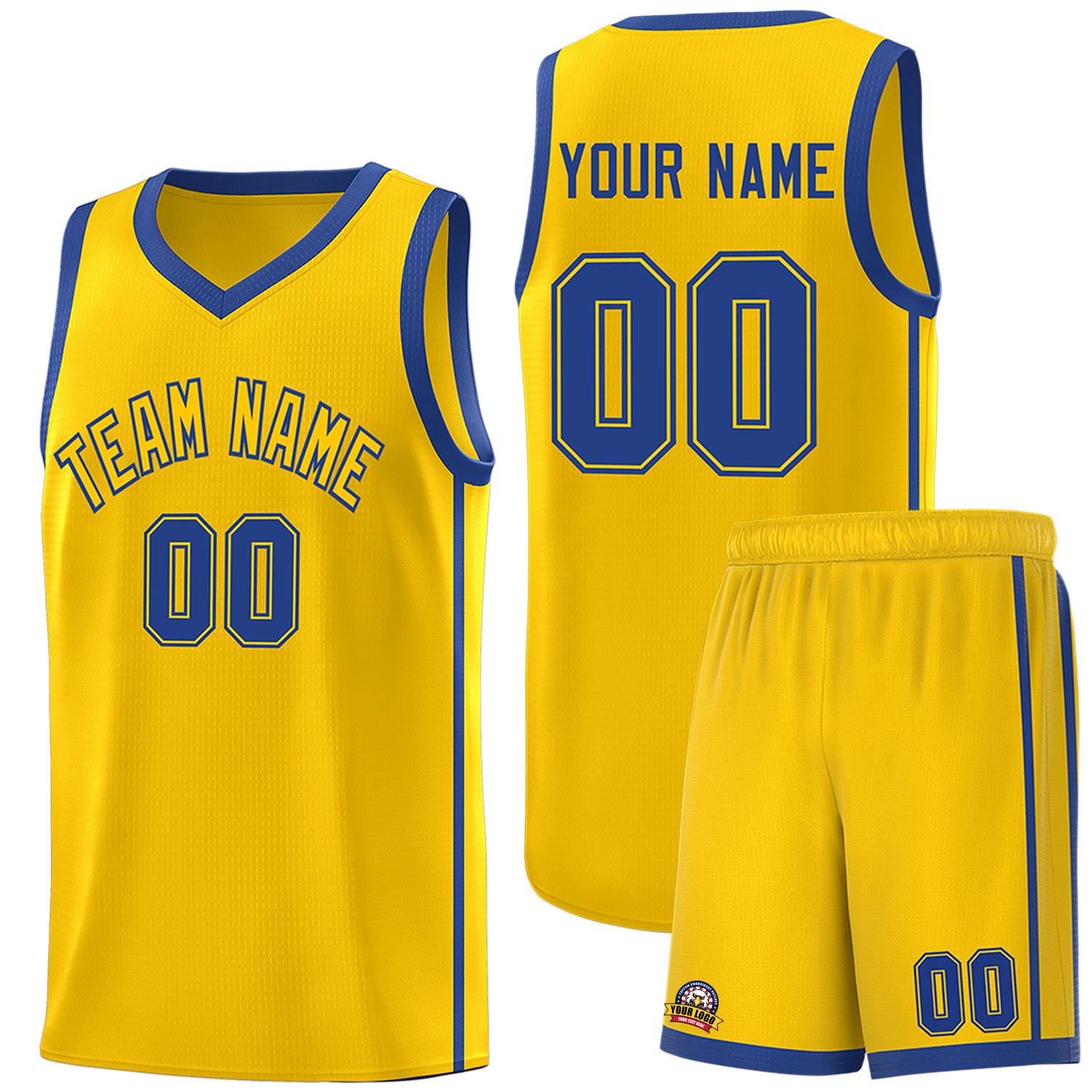 Custom Gold Royal Side Two Bars Sports Uniform Basketball Jersey