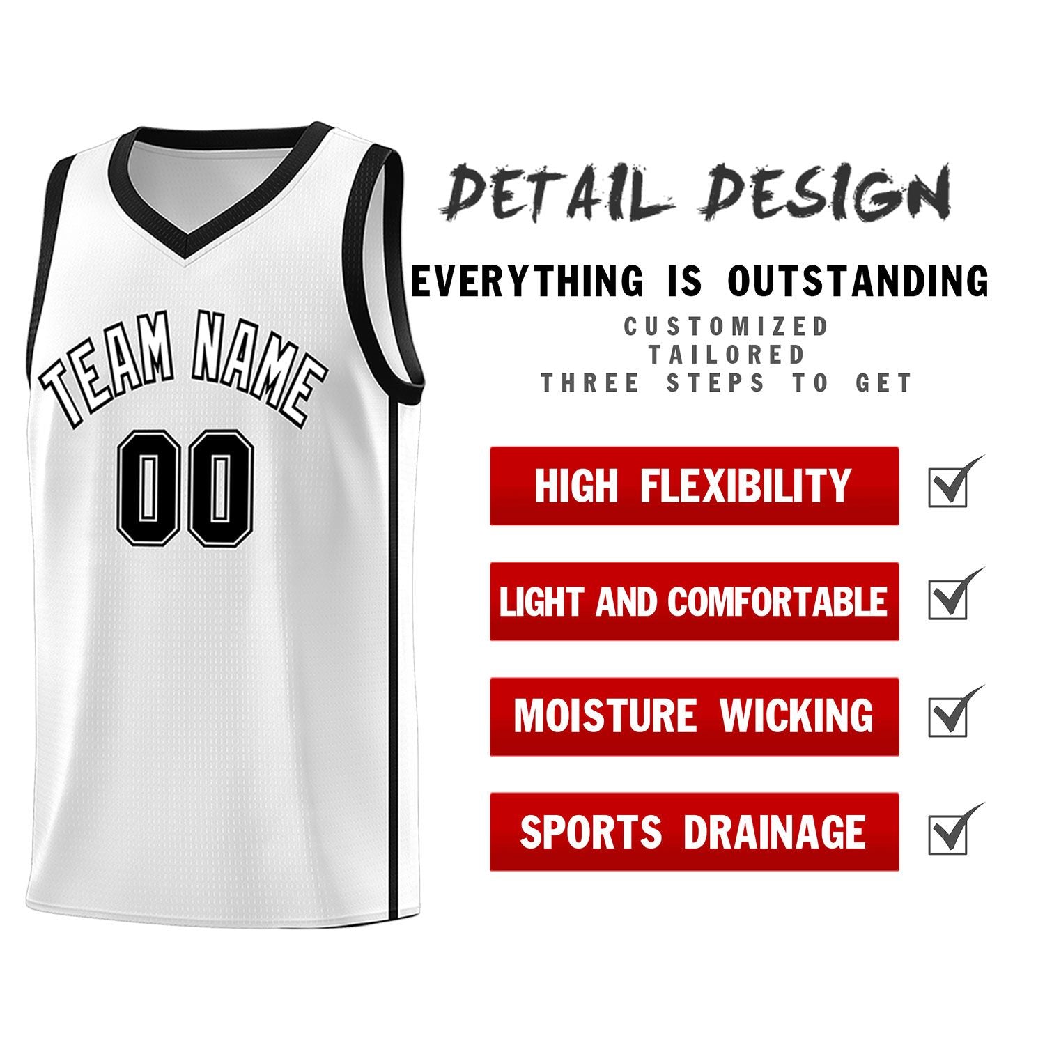 Custom White Black Side Two Bars Sports Uniform Basketball Jersey