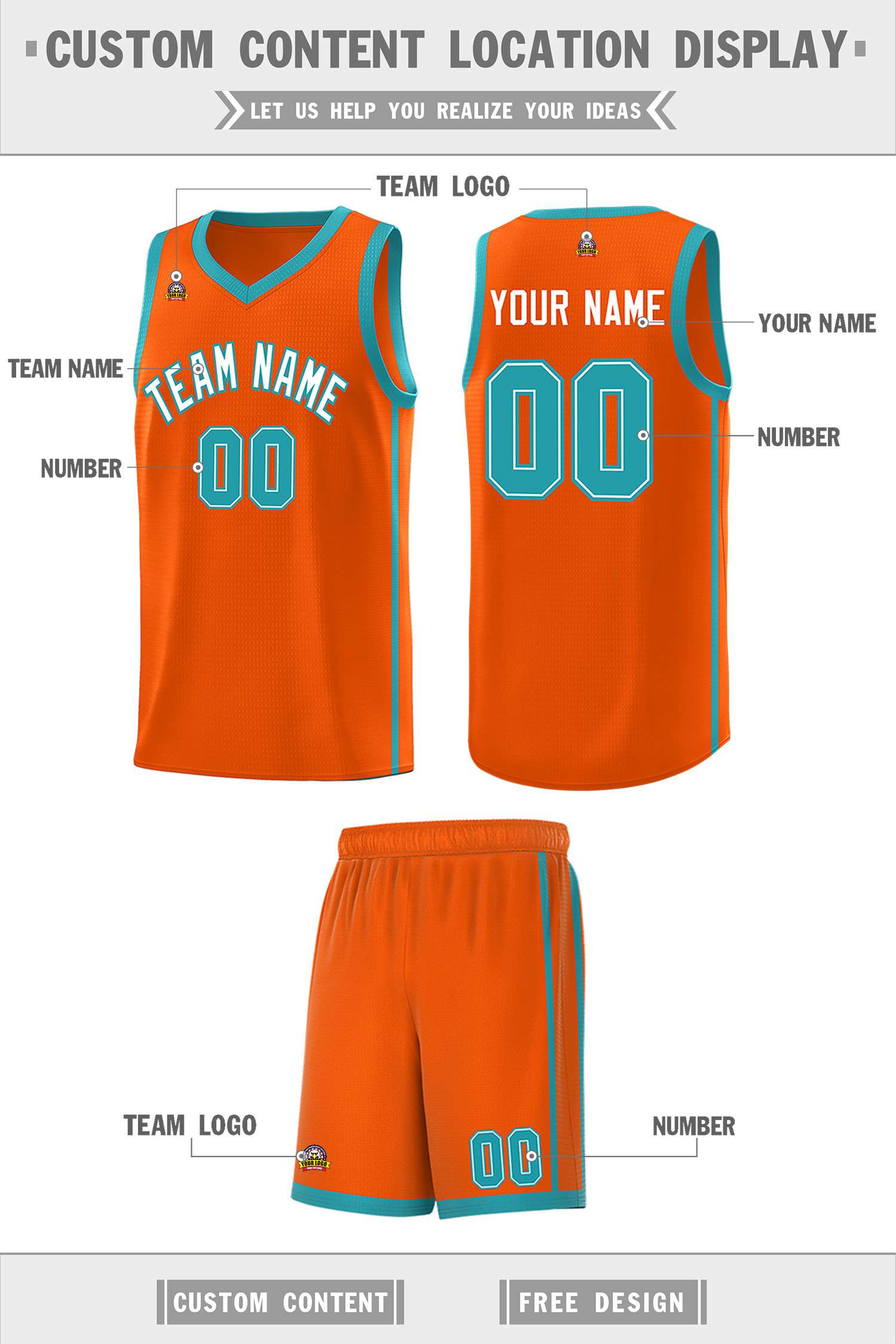 Custom Orange White-Aqua Side Two Bars Sports Uniform Basketball Jersey