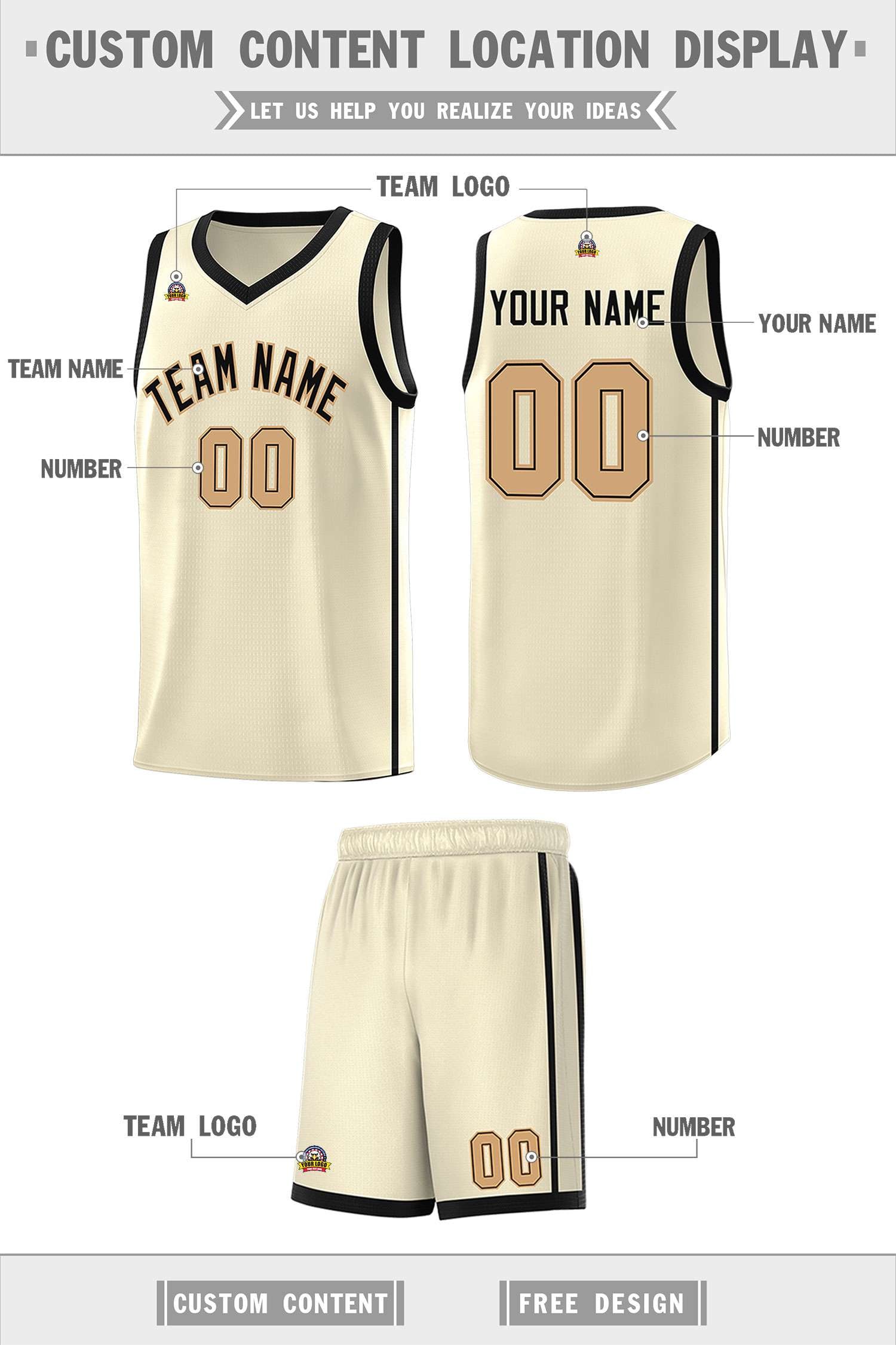 Custom Cream Black-Old Gold Side Two Bars Sports Uniform Basketball Jersey