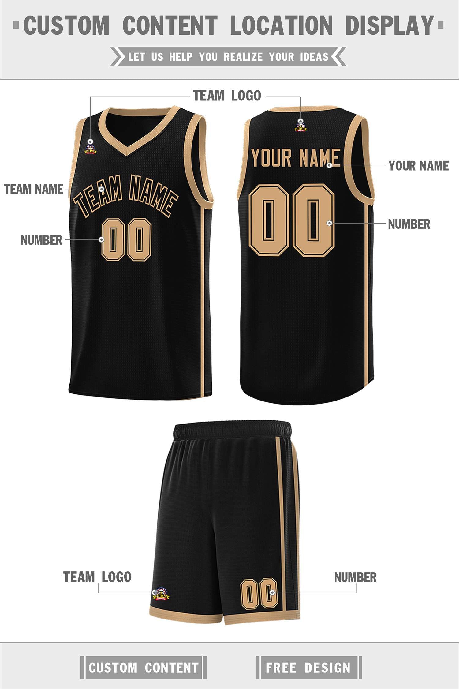 Custom Black Old Gold Side Two Bars Sports Uniform Basketball Jersey