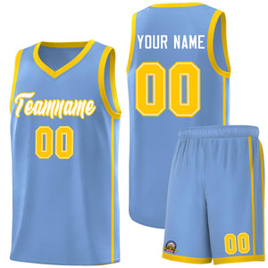 Custom Light Blue White-Gold Side Two Bars Sports Uniform Basketball Jersey