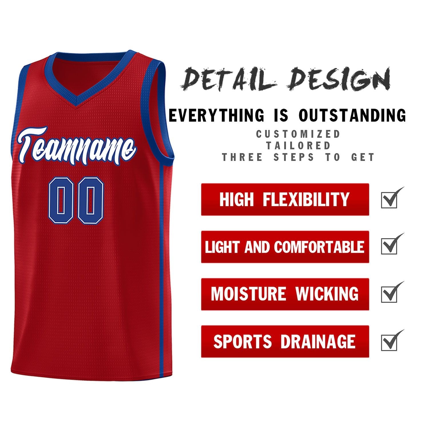 Custom Red White-Royal Side Two Bars Sports Uniform Basketball Jersey