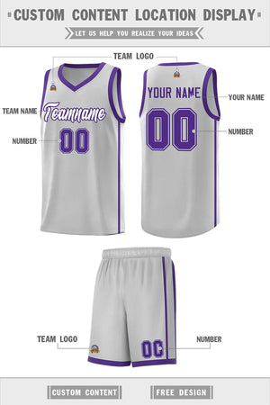 Custom Gray White-Purple Side Two Bars Sports Uniform Basketball Jersey