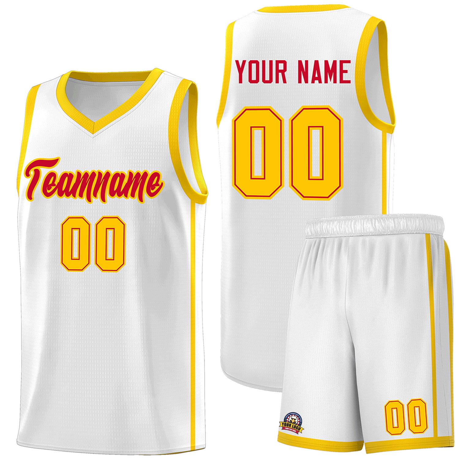 Custom White Red-Gold Side Two Bars Sports Uniform Basketball Jersey