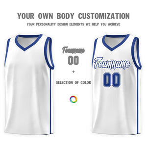 Custom White Royal Side Two Bars Sports Uniform Basketball Jersey