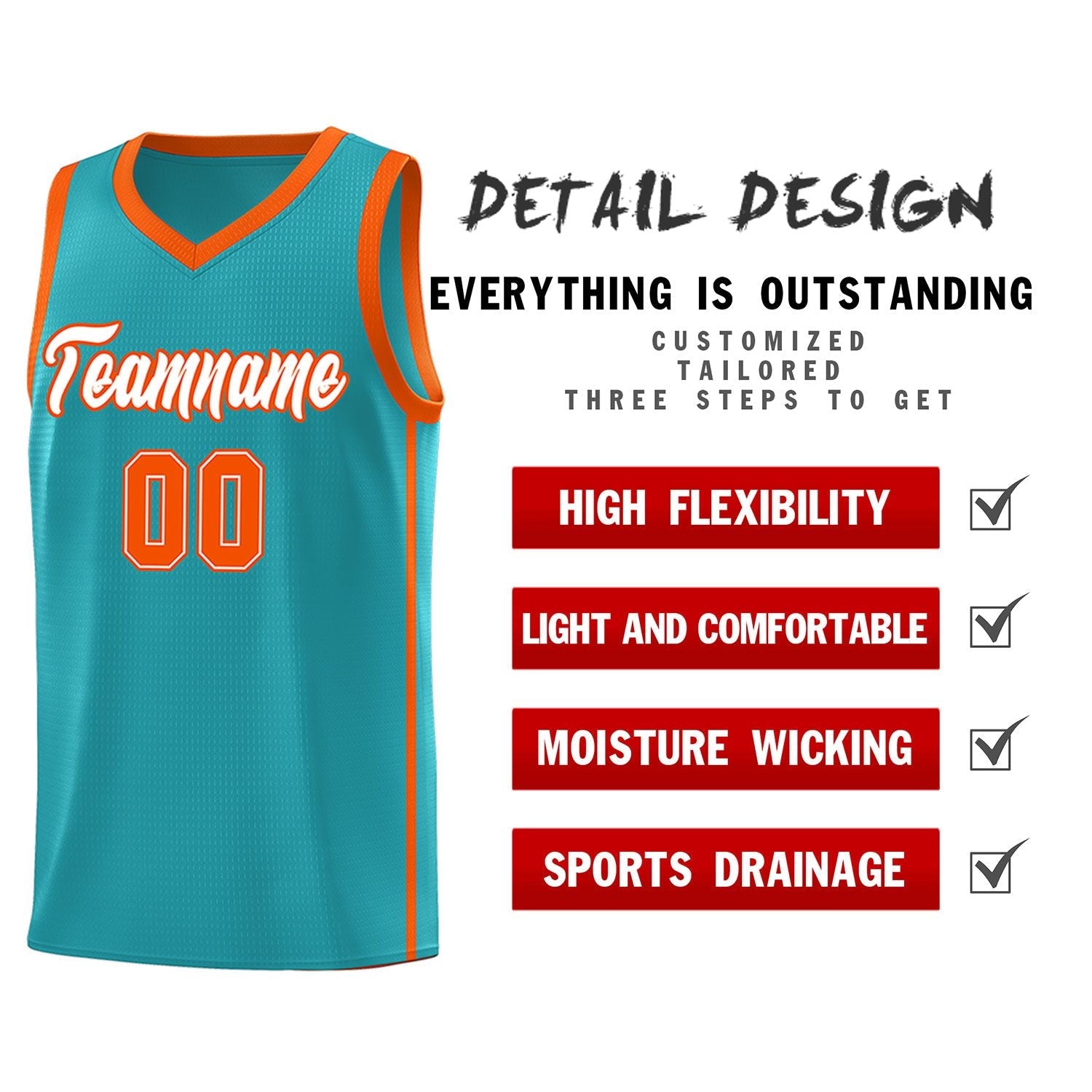 Custom Aqua White-Orange Side Two Bars Sports Uniform Basketball Jersey