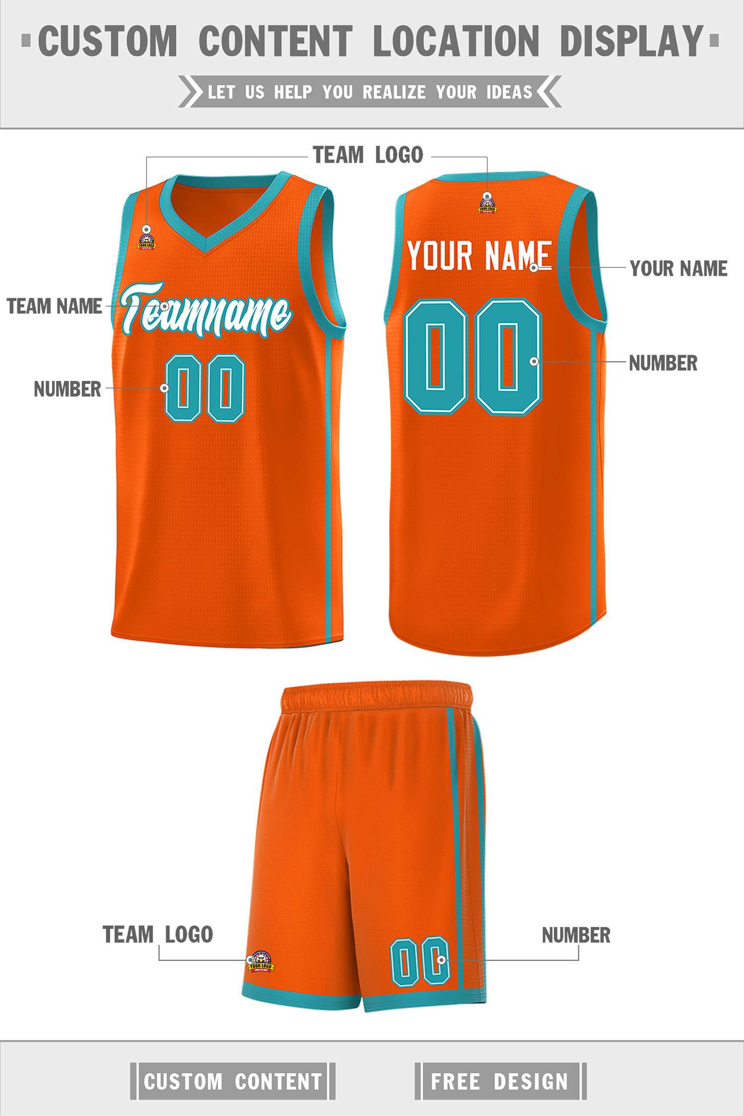 Custom Orange White-Aqua Side Two Bars Sports Uniform Basketball Jersey