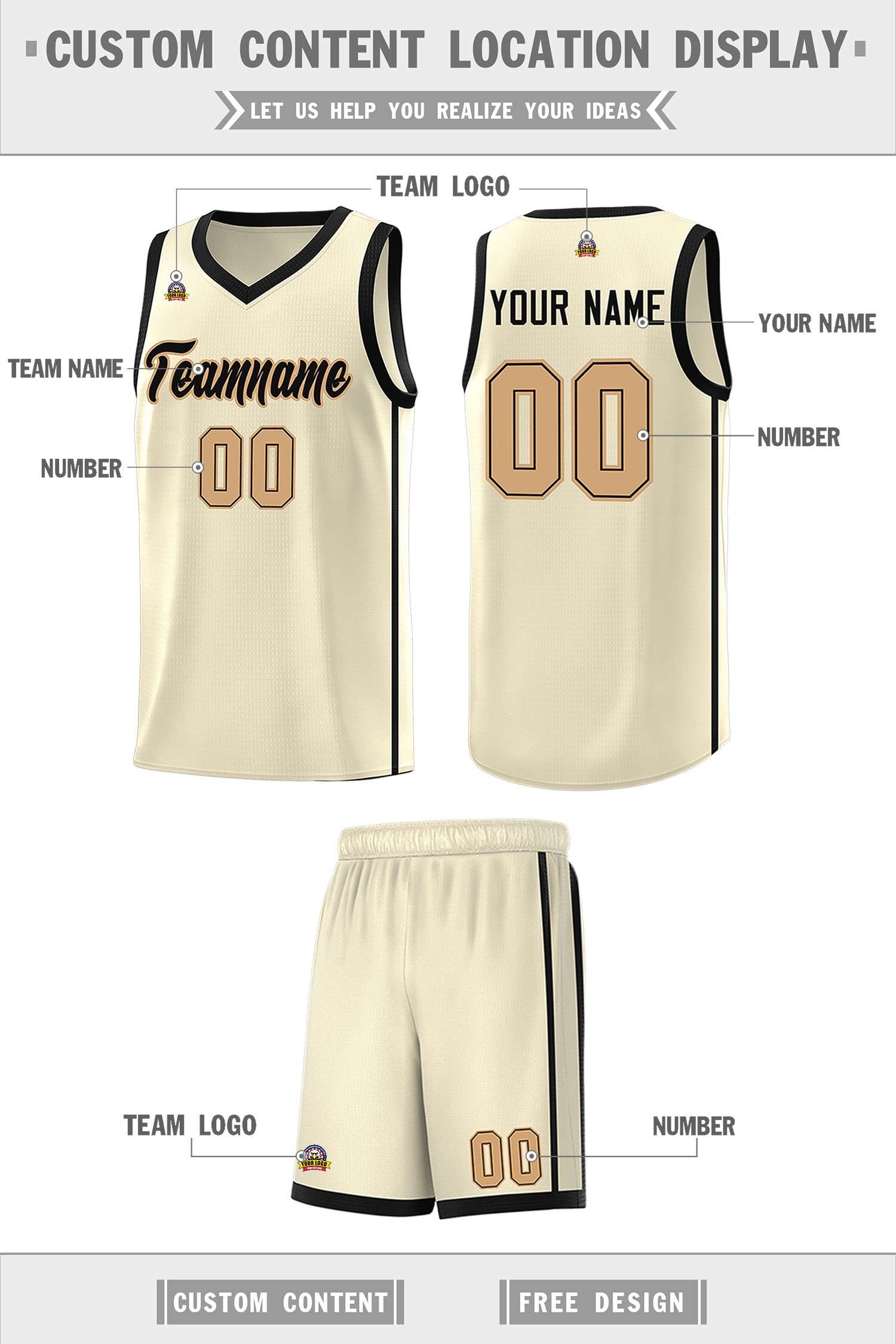 Custom Cream Black-Old Gold Side Two Bars Sports Uniform Basketball Jersey