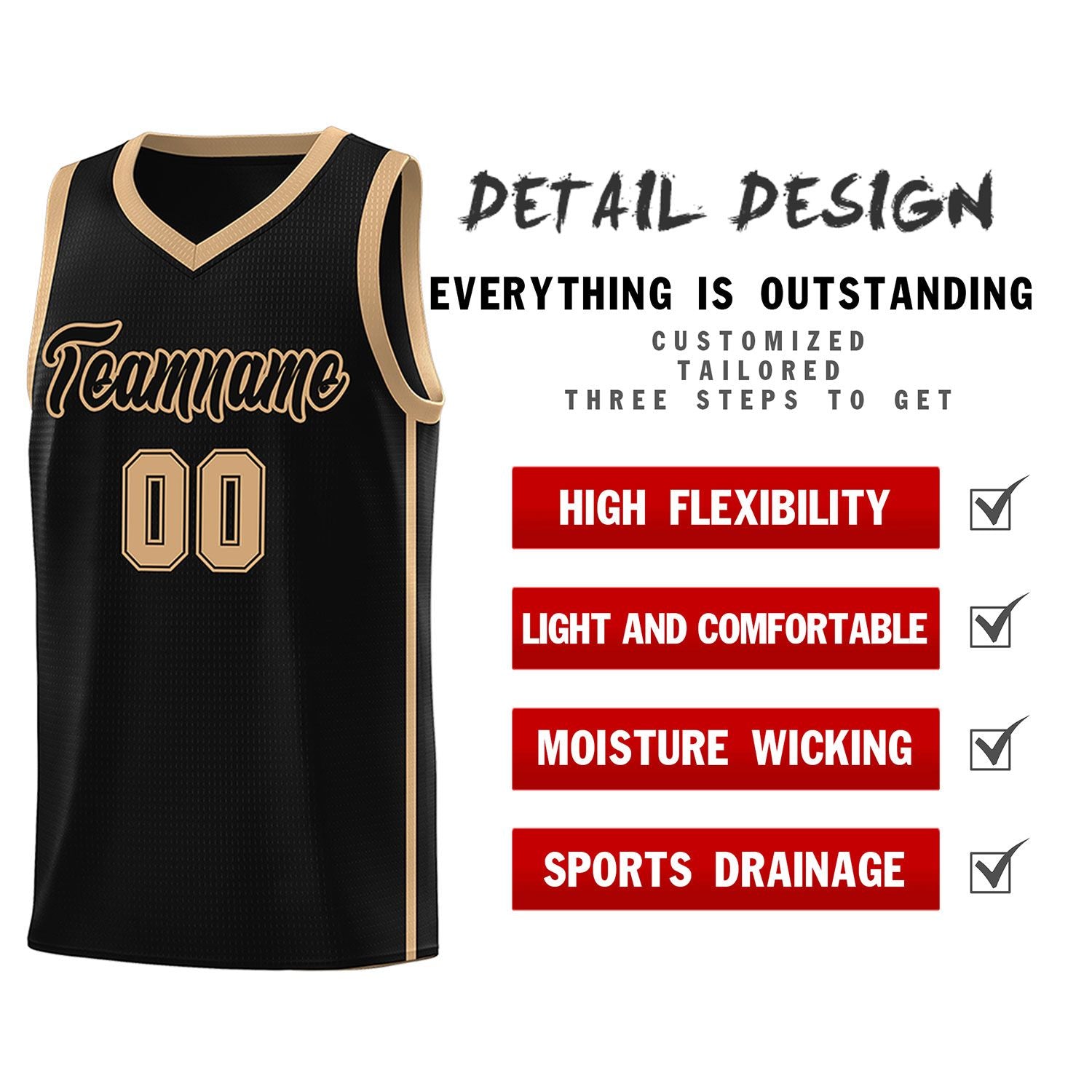 Custom Black Old Gold Side Two Bars Sports Uniform Basketball Jersey