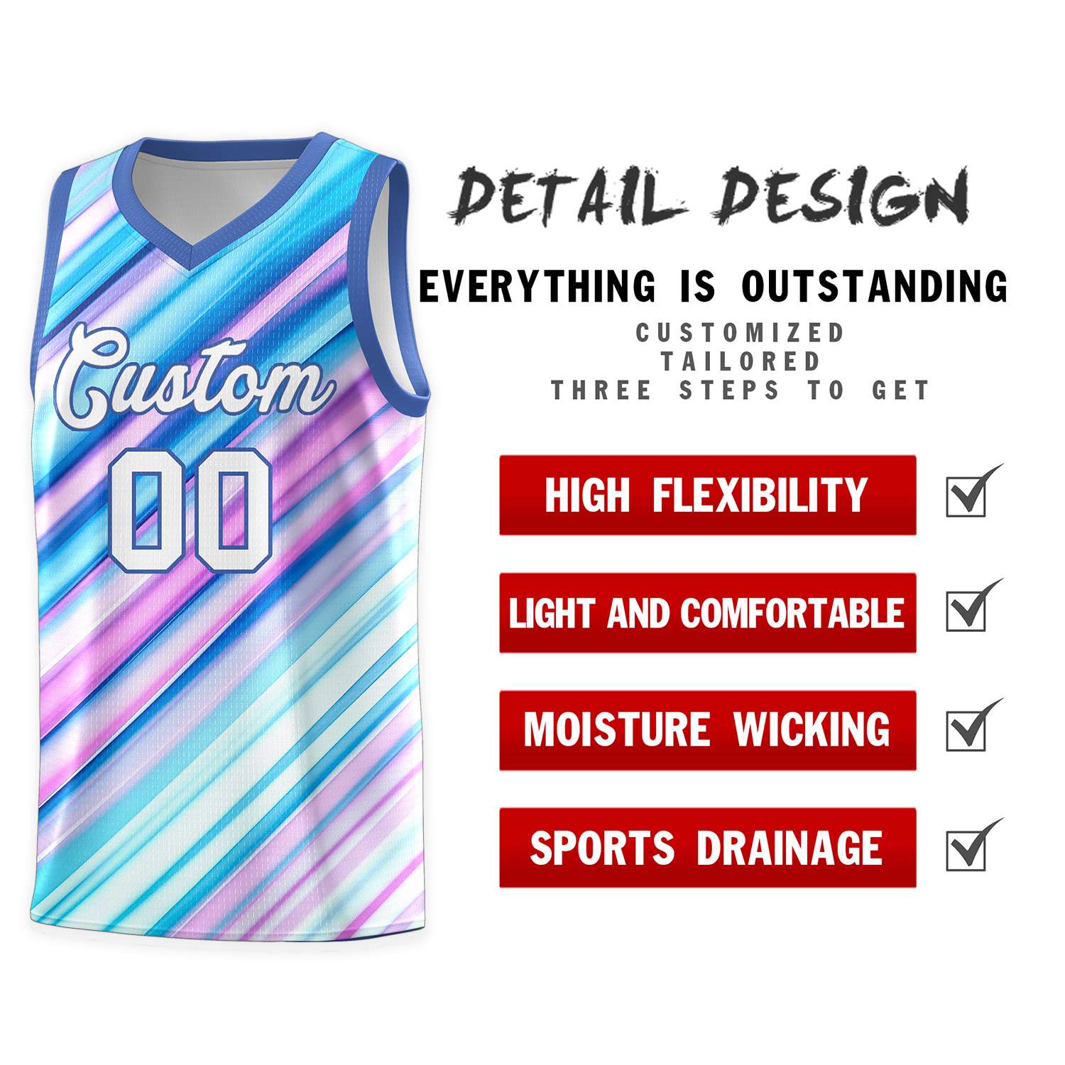 Custom Light Blue White-Purple Pattern Tie Dye Sports Uniform Basketball Jersey