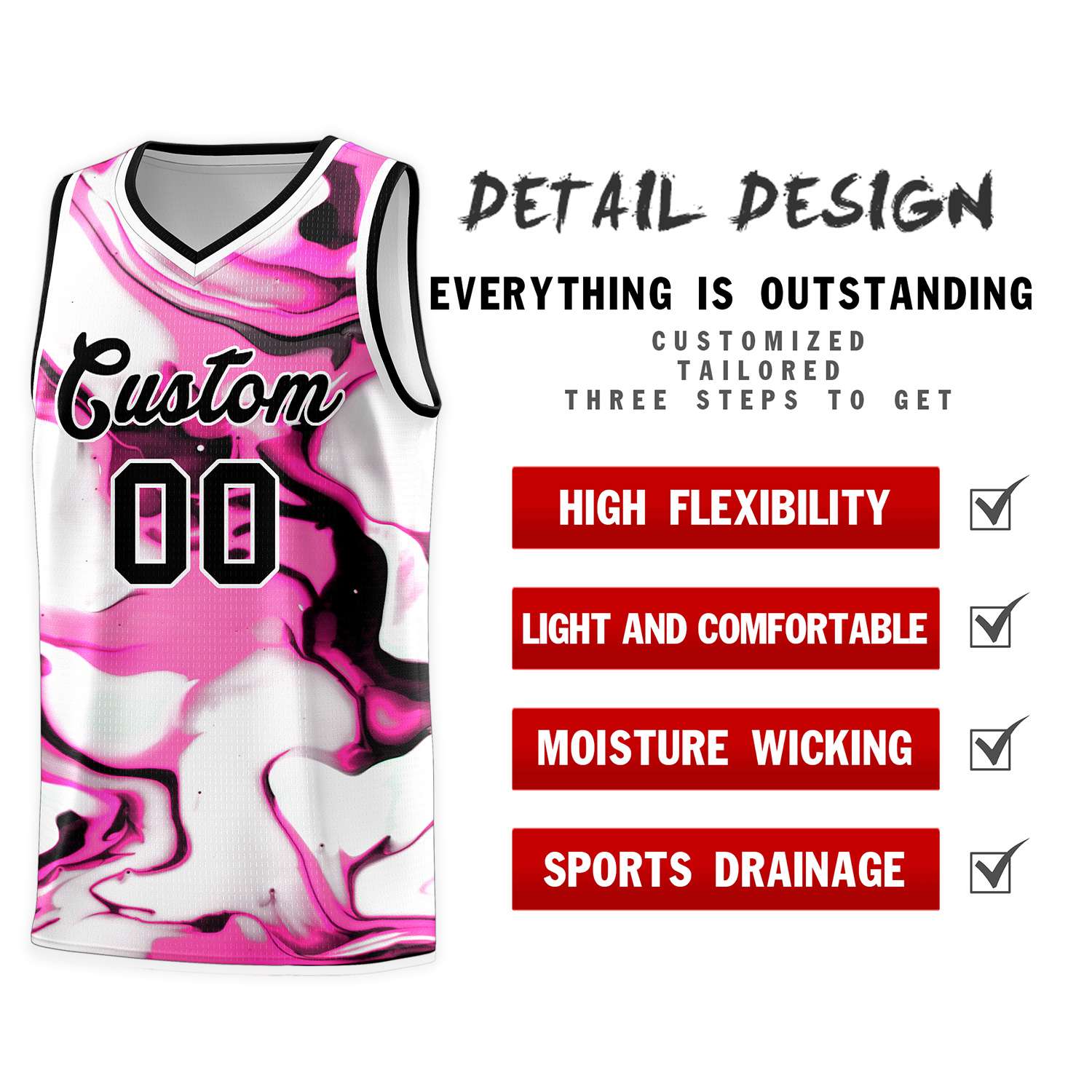 Custom Black White-Pink Pattern Tie Dye Sports Uniform Basketball Jersey