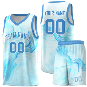 Custom Powder Blue White Pattern Tie Dye Sports Uniform Basketball Jersey