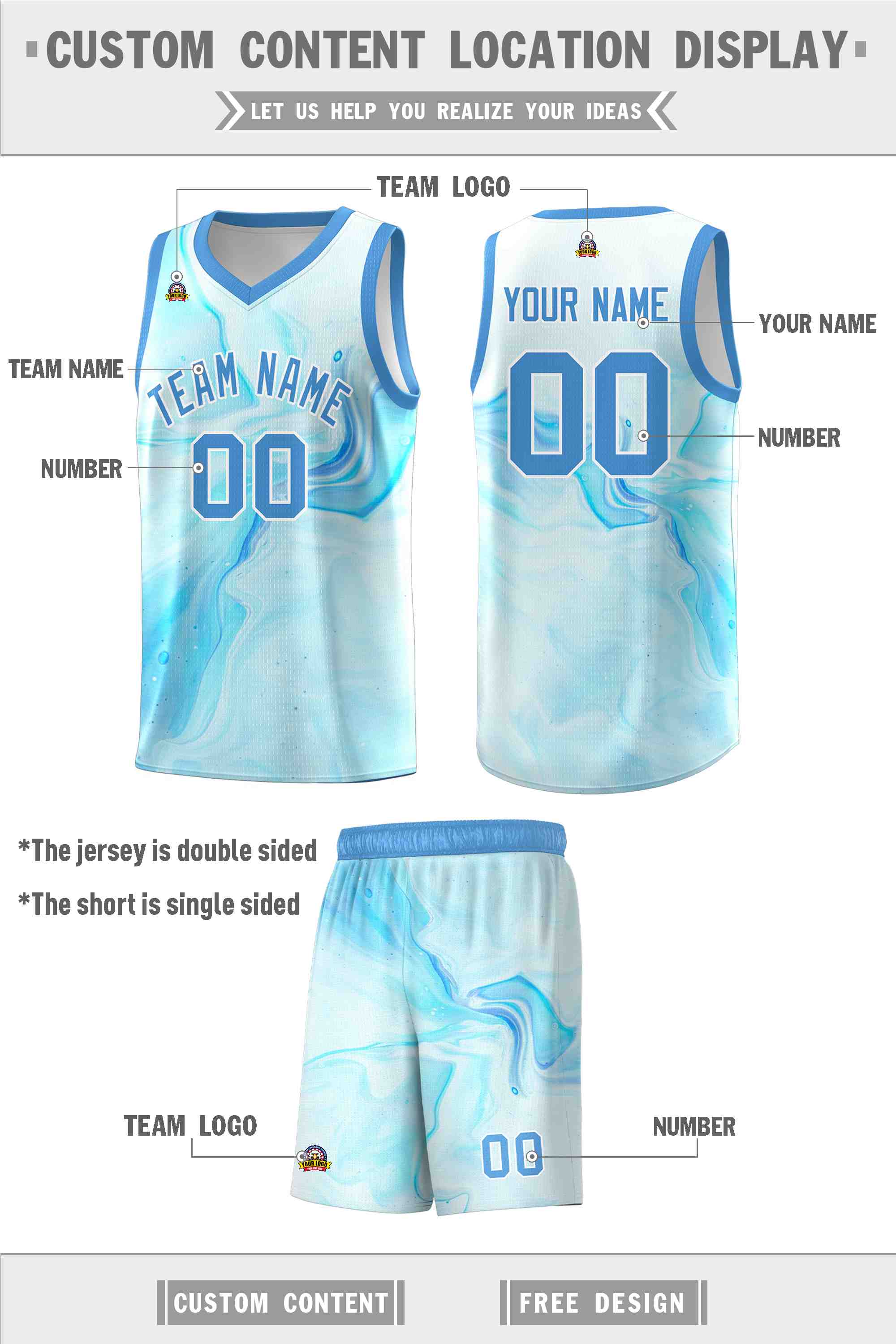 Custom Powder Blue White Pattern Tie Dye Sports Uniform Basketball Jersey