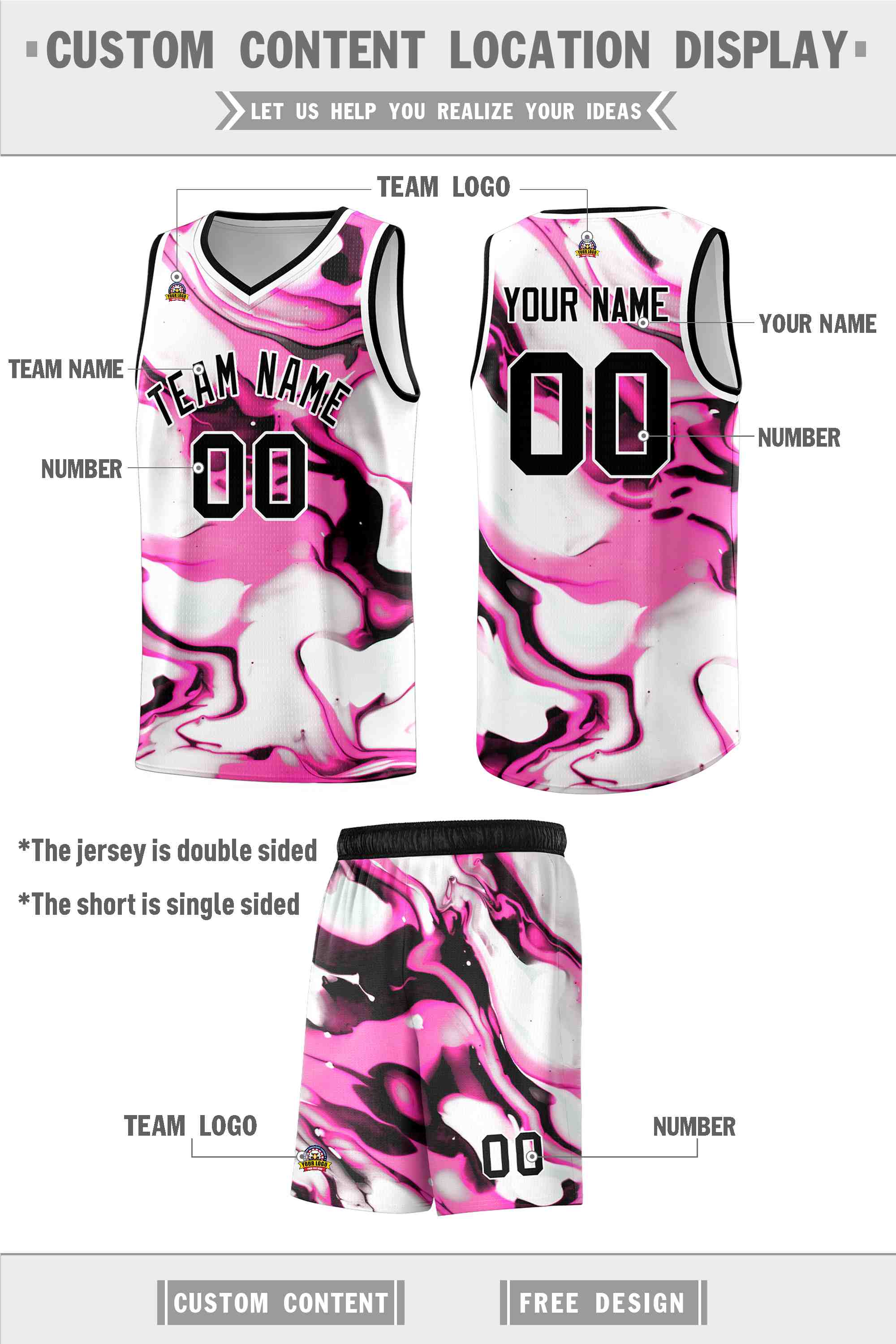 Custom Black White-Pink Pattern Tie Dye Sports Uniform Basketball Jersey