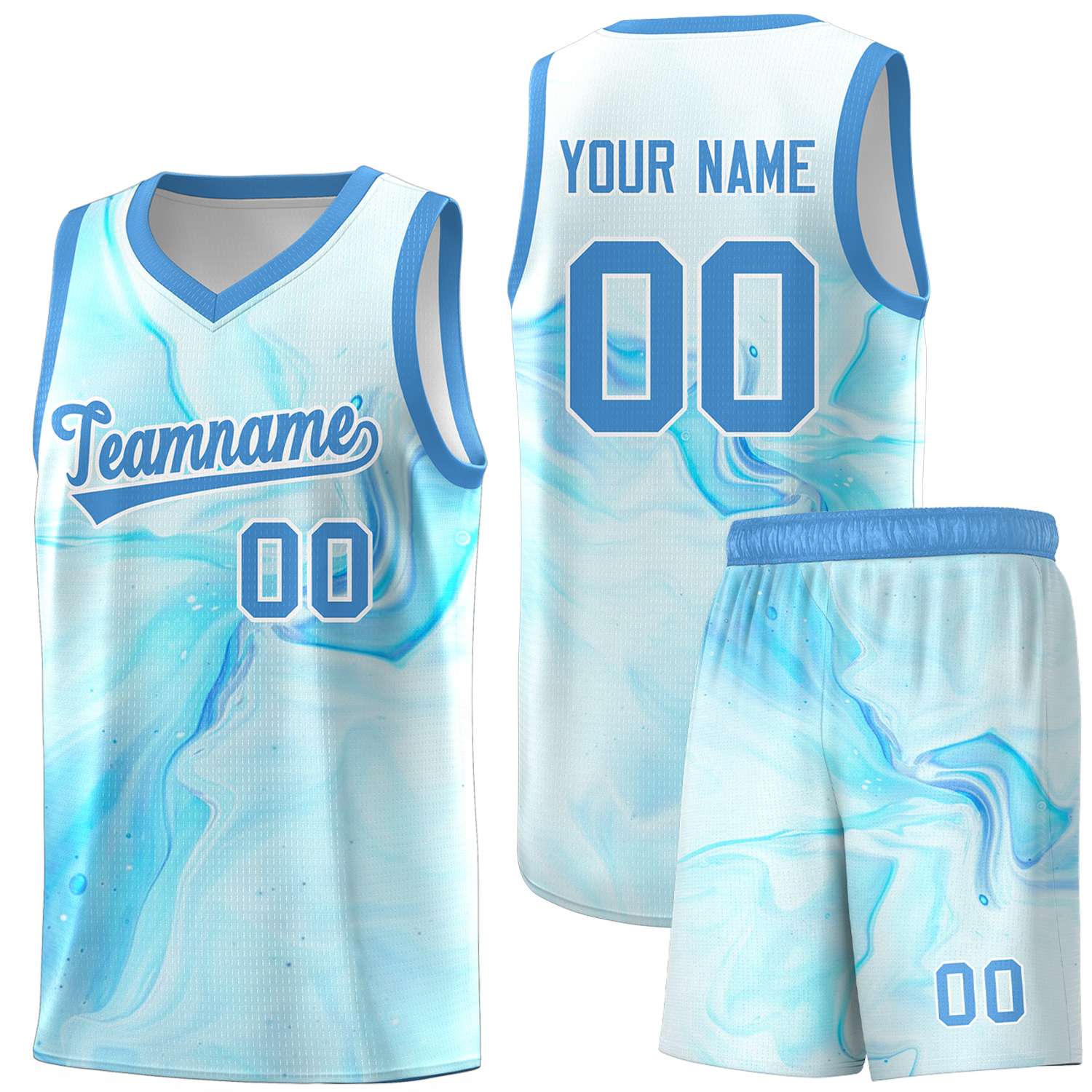 Custom Powder Blue White Pattern Tie Dye Sports Uniform Basketball Jersey