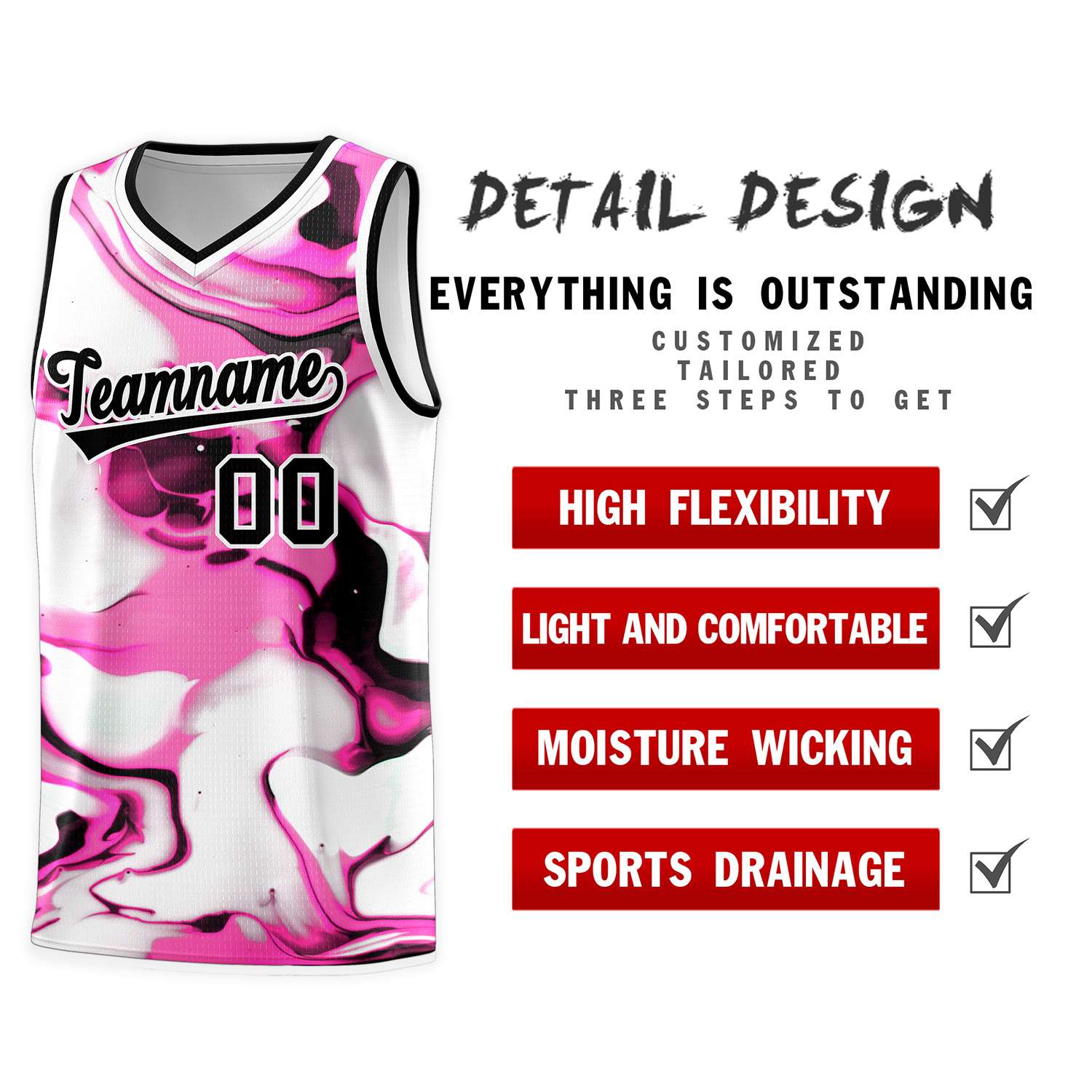 Custom Black White-Pink Pattern Tie Dye Sports Uniform Basketball Jersey