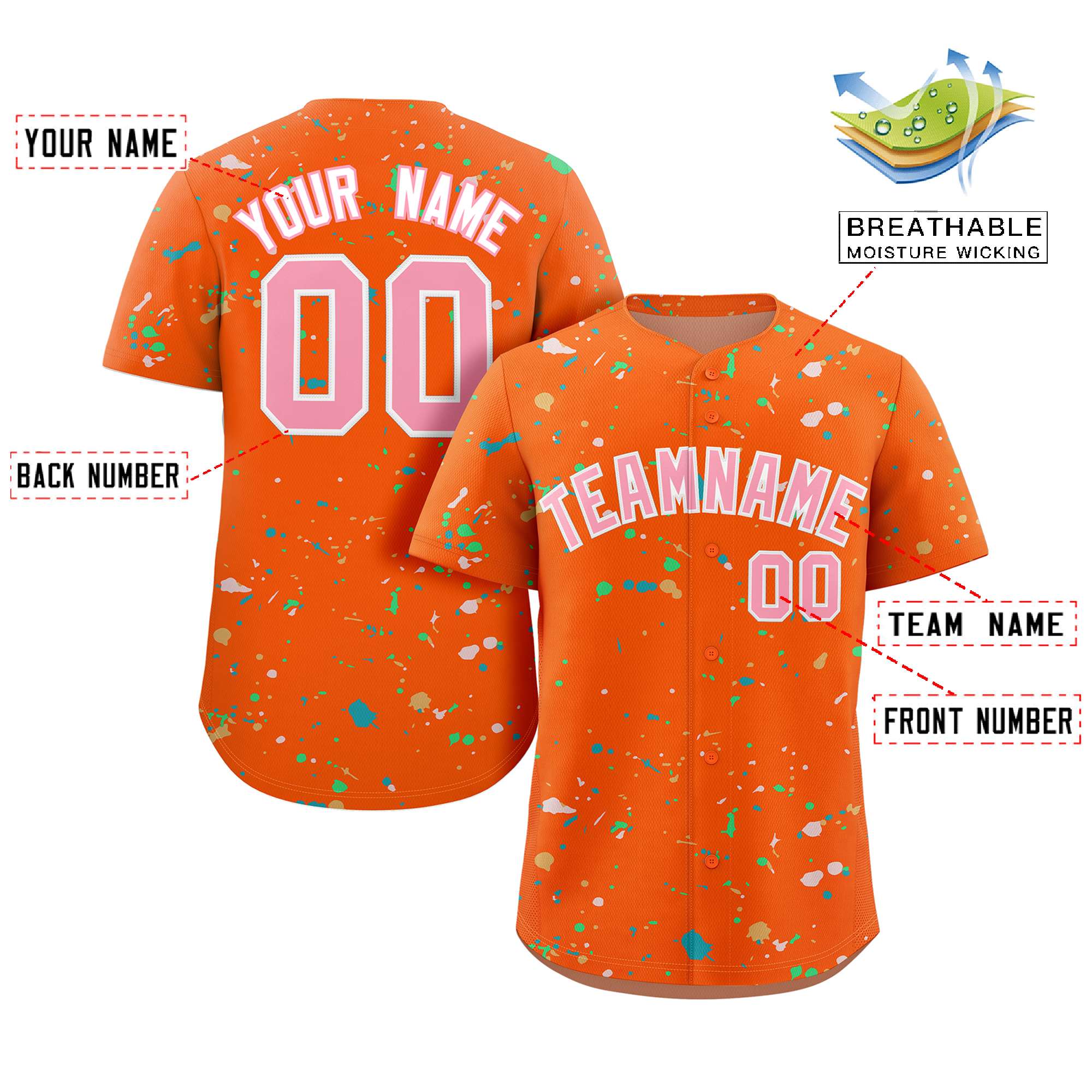 Custom Orange Pink-White Splash Graffiti Pattern Authentic Baseball Jersey